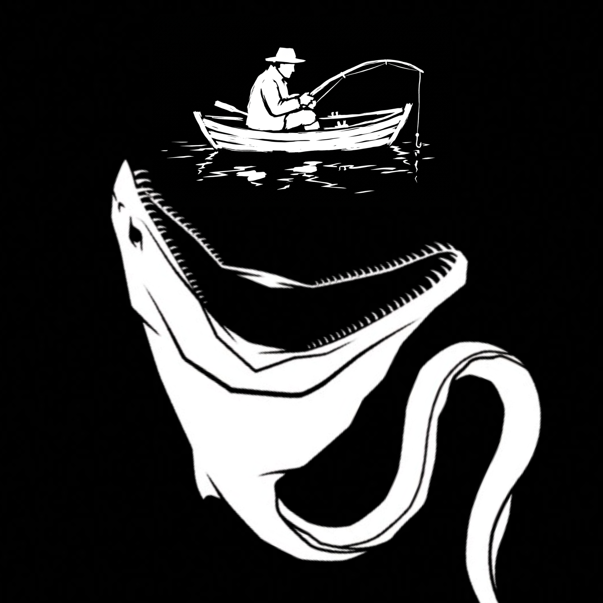 Brackish logo — a fisherman in a small boat above an enormous open-mouthed sea creature